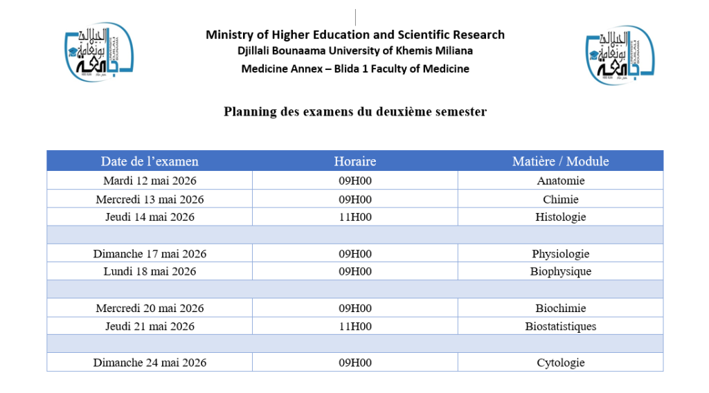 Semester 2 Exams Schedule; 2025/2026 – First Year Medicine