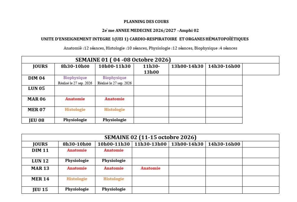 📢 Emploi du temps des étudiants de deuxième année de médecine – 2026/2027